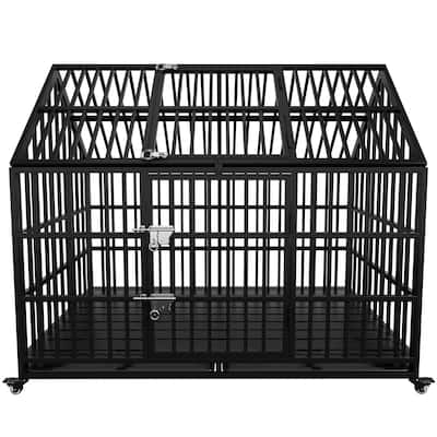 54"Heavy Duty Dog Crate Large Dog cage Strong Metal Dog Kennels，Crates Top Open with 2 Doors 4 Lockable Wheels 2 Removable Trays
