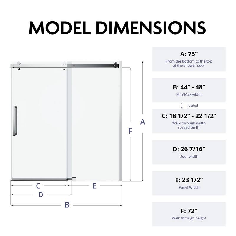 Glassic SI Series 44" - 48" W x 75" H Contemporary Frameless Single Sliding Shower Doors With 3/8" Clear Tempered Glass