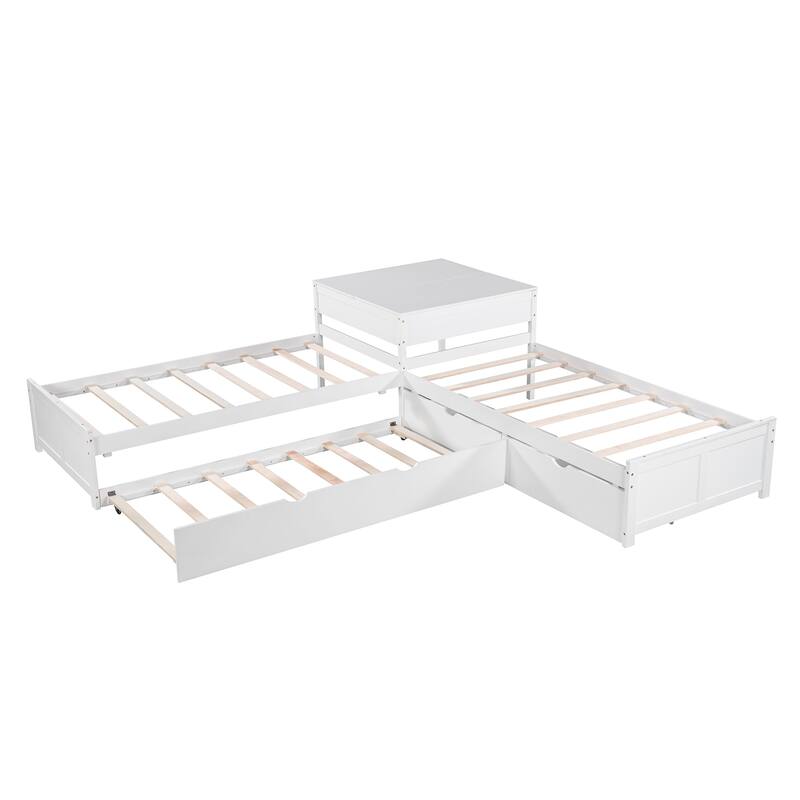 L-Shaped Platform Bed With Trundle And Drawers Linked With Built-In Desk,Twin