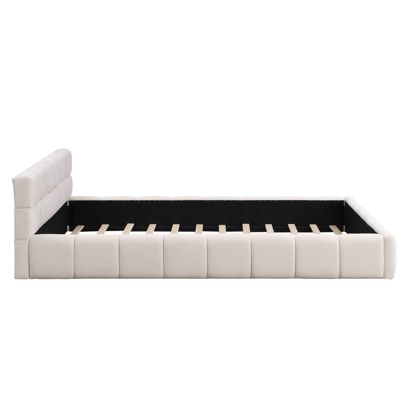 Chenille Upholstered Bed with Checkerboard Design, Beige, Queen