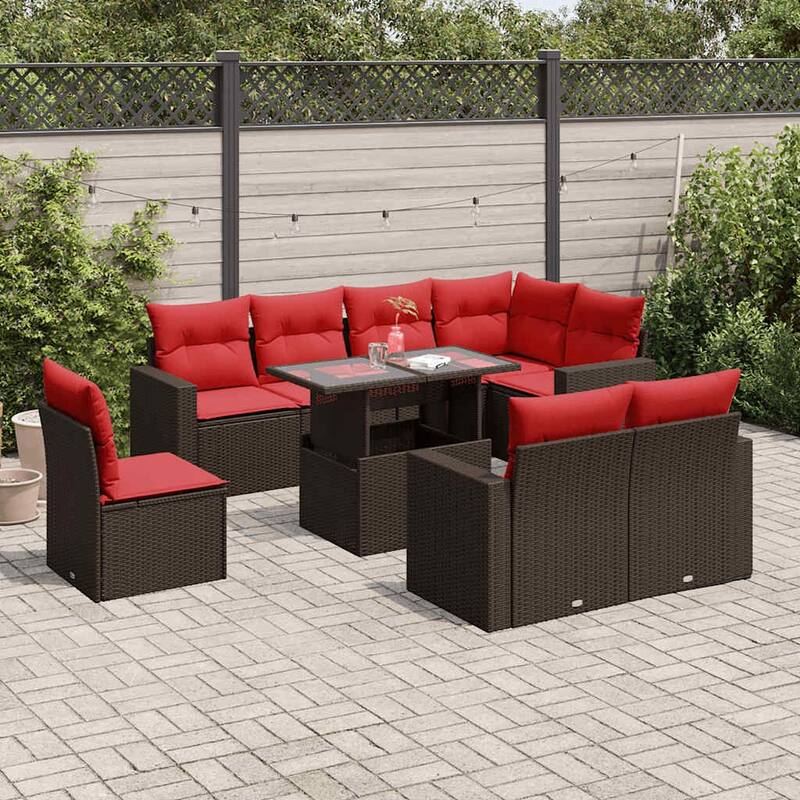 vidaXL Patio Sofa Set with Cushions and Table Outdoor 9 Piece Poly Rattan - Brown without storage
