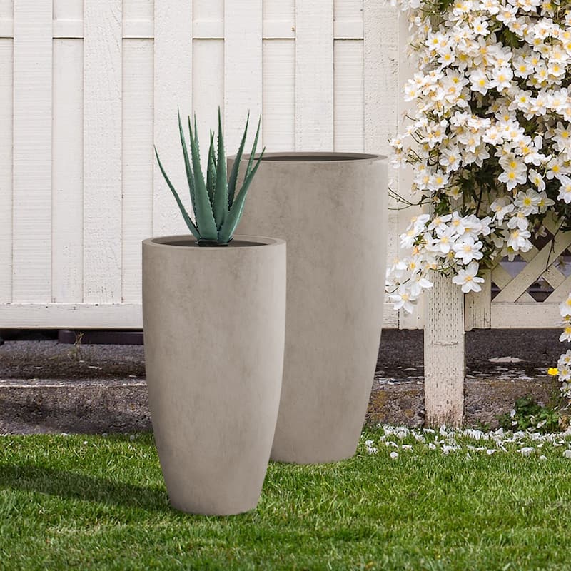 Kante 31.4" and 23.6"H Weathered Finish Concrete Tall Planters (Set of 2), Large Outdoor Indoor