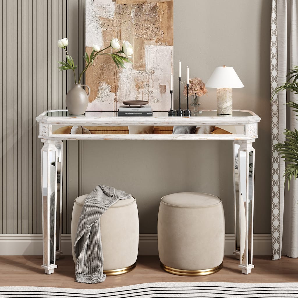 Roomfitters 48" Mirrored Console Table, Carved Wood Entryway Sofa Table with Silver Glass & Oak Finish