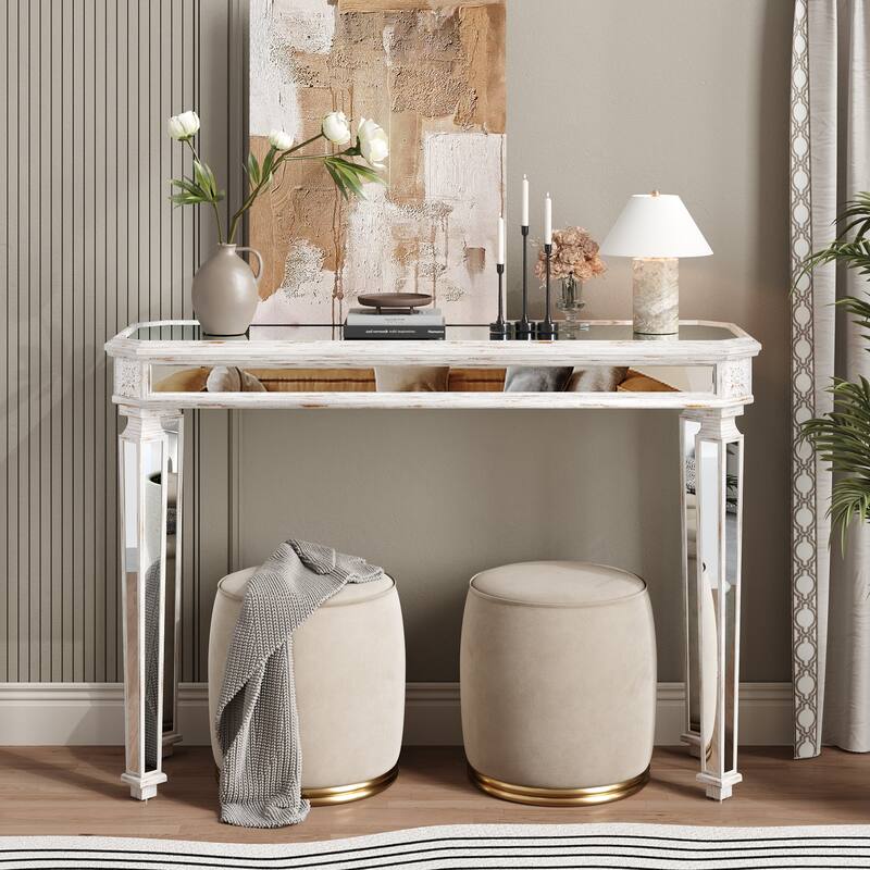 Roomfitters 48" Mirrored Console Table, Carved Wood Entryway Sofa Table with Silver Glass & Oak Finish - Oak+Silver