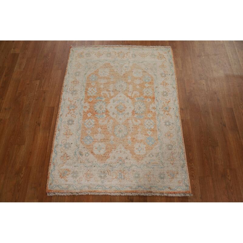 Hand Knotted Oriental 100% Wool Carpet Transitional Geometric Oranges & Rust Oushak Area Rug - 3' 11'' X 2' 11''
