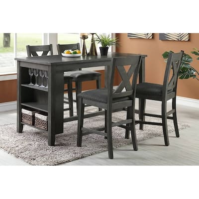 5 Piece Counter Height Dining Table Set, Wooden Kitchen Dining Table Set, Breakfast Table with 3-Tier Shelf & 4 Chairs