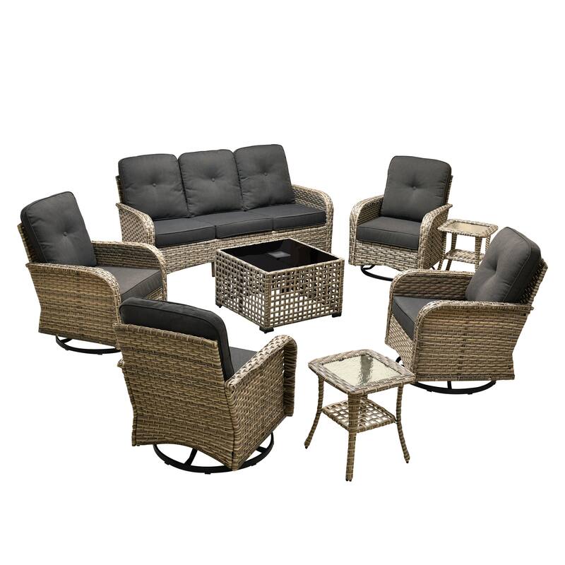 HOOOWOOO 8-piece Patio Wicker Rattan Swivel Rocking Chair Set with Solar-powered Table