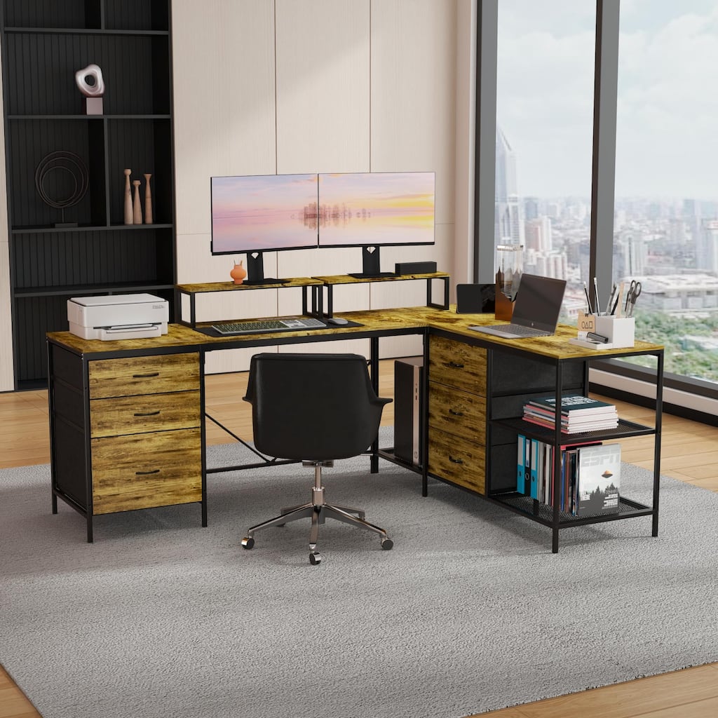 113.8" L-Shaped Desk with Power Outlets & USB-C & 6 Fabric Drawers