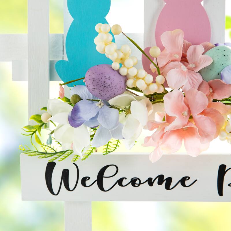 Glitzhome Easter Wooden Cute Bunny Eggs/Fence Door Hanger Wall Decor Spring Gift