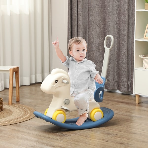 slide 2 of 9, Qaba 4 in 1 Rocking Horse for Toddles 2-5 Years, Baby Ride on Horse with Detachable Push Handle & Balance Board, Blue Blue