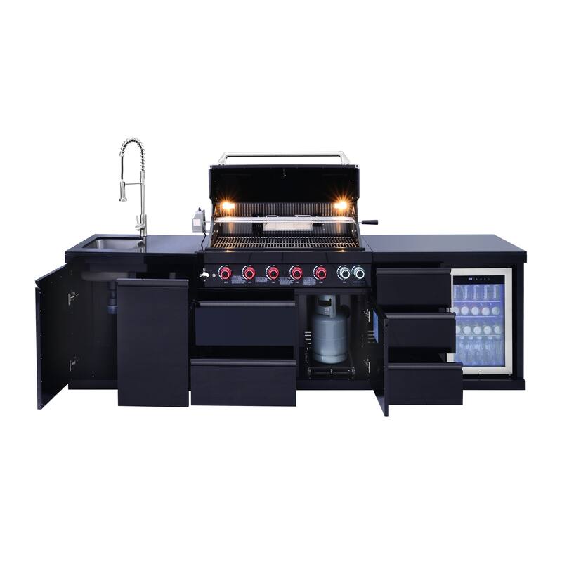 GDFStudio Viremont Stainless Steel Outdoor Kitchen Island Grill with 6 Burners, Refrigerator and Rotisserie