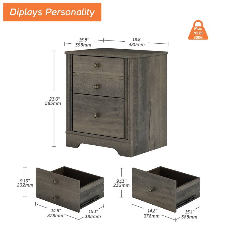 Bedroom Nightstand with Charging Station, Bedside Table with 2 Drawers