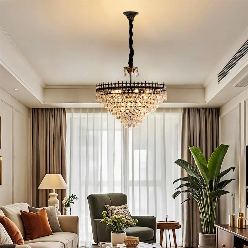 Vintage Crystal Chandelier Round Ceiling Pendant Lamp Hanging with Matt Black Iron Frame
