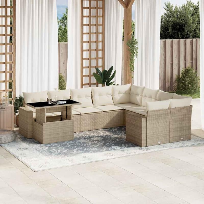 vidaXL Patio Sofa Set with Cushions Outdoor Furniture 10 Piece Poly Rattan - 24.4 x 24.4 x 27.2 - Beige and Cream