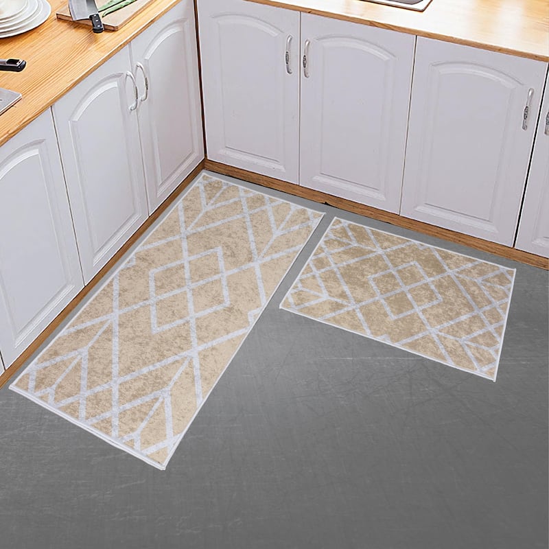 Non-skid Washable Kitchen Runner Rugs (Set of 2) - Set of 44 x 24 and 31.5 x 20 Inches - Amore-Beige