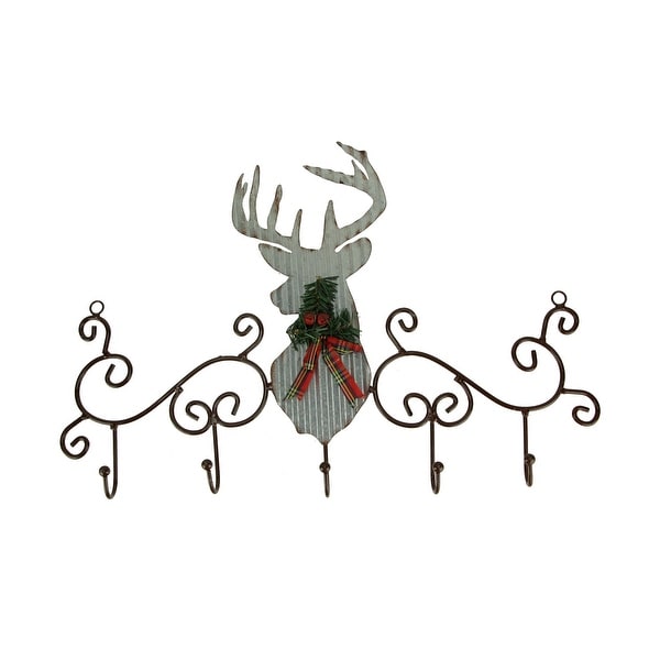 Metal Art Scroll Rustic Deer with Pine and Bow Wall Hook Rack - 16 X 23.5 X 1.75 inches