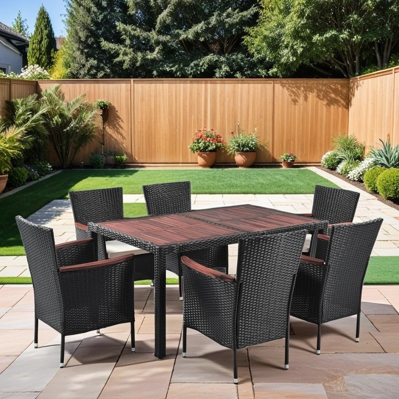 7Piece Outdoor Patio Dining Set, Garden PE Rattan Wicker Dining Table