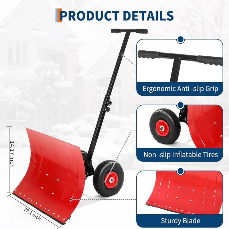 29.1W x 14H Snow Shovel with Wheels - 29.1W x 14H
