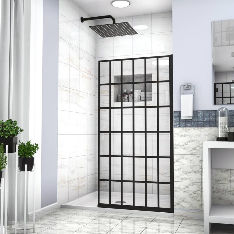 Single Panel Framed Fixed Shower Door in Matte Black