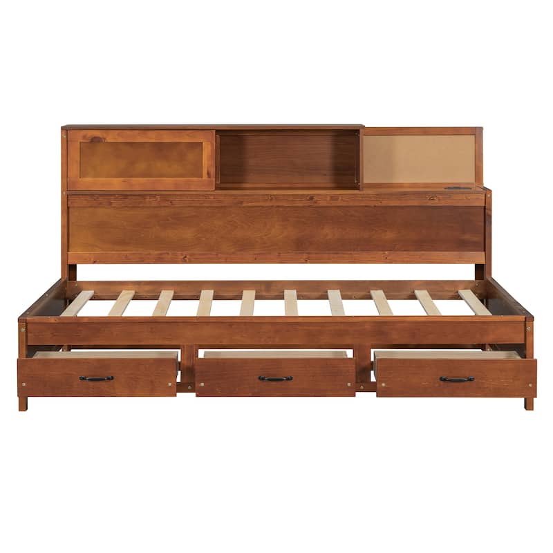 Twin Size Wooden Daybed with Storage Drawers, USB Ports, and Shelf, Walnut Finish