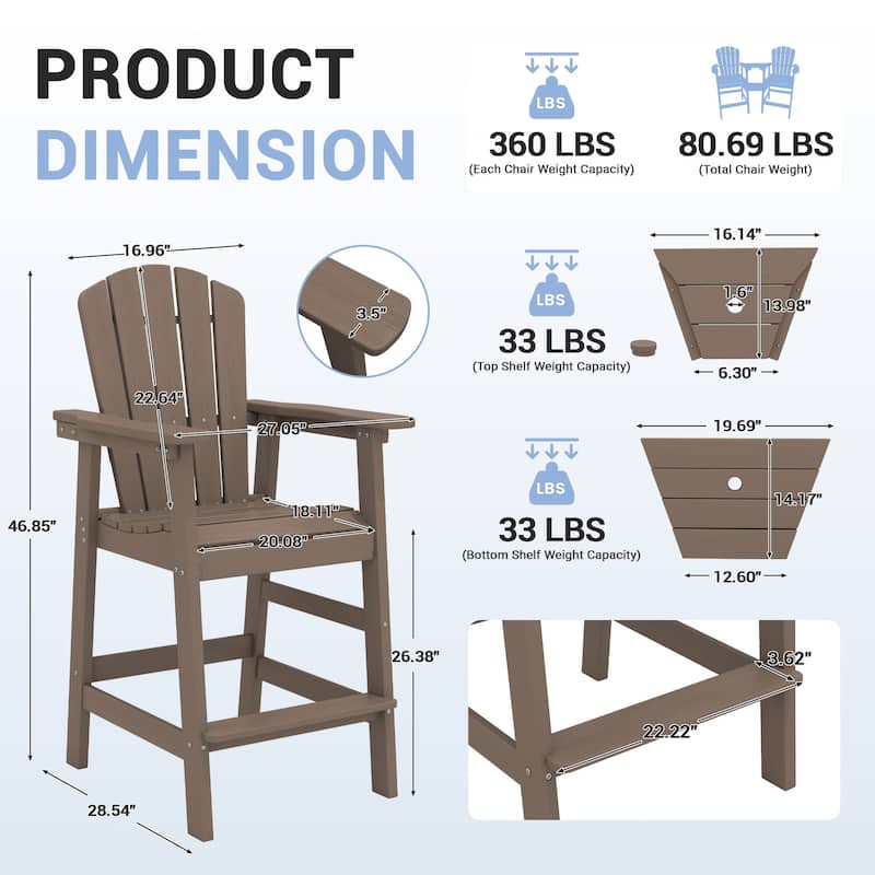 Outdoor Tall Adirondack Chair Set of 2 with Connecting Tray