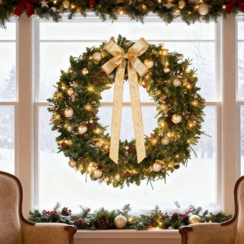4Pre-lit Christmas Wreath with Warm White Lights and DIY Ornaments for Front Door Gate Wall Xmas Party Decorations