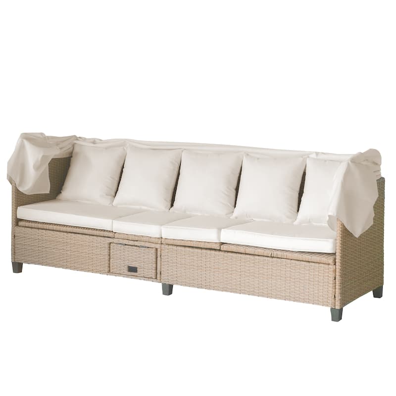 Roomfitters 4-Piece UV-Proof Wicker Patio Sofa Set with Retractable Canopy, Cushions and Lifting Table