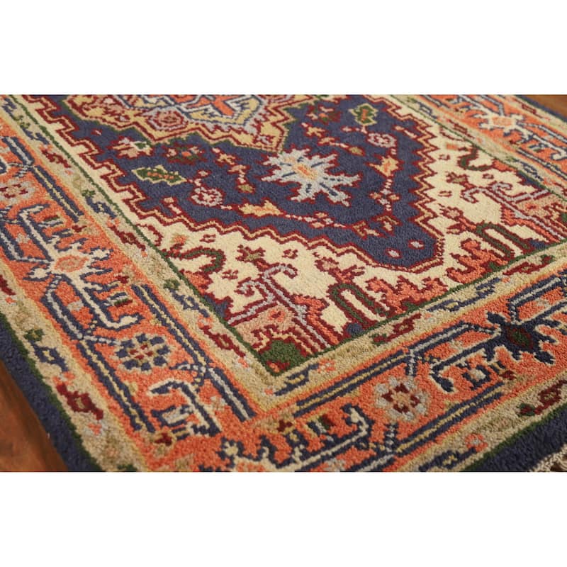 Hand Knotted Oriental 100% Wool Carpet Traditional Medallion Navy Blue & Blues Heriz (serapi) Area Rug - 5' 1'' X 3' 0''