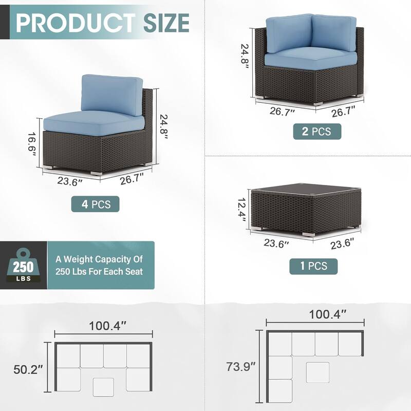 7 Piece Outdoor Patio Furniture Set Grey/Black Wicker Conversation Sectional Sofa Set with Coffee Table and Cushions