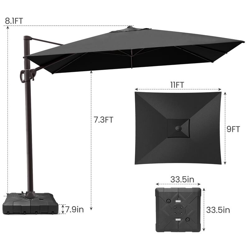 9 x 11 ft Patio Cantilever Offset Umbrella 360-degree Rotation with Base