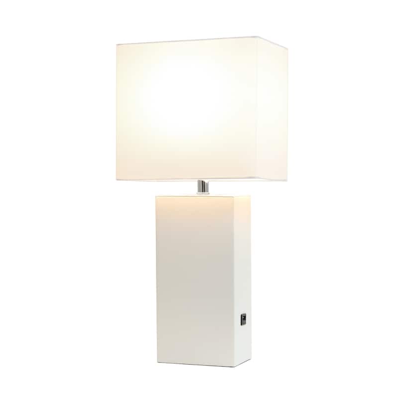 Modern Leather Table Lamp with USB and White Fabric Shade