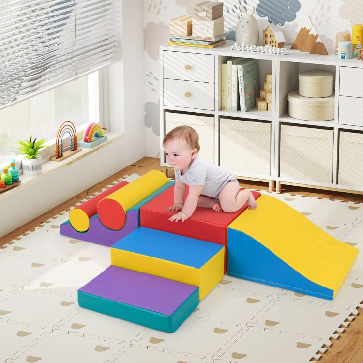 Red PU Leather EPE Foam 7-Piece Kids Climbing Blocks Set with Slide and Wave Shape - 19.5" x 17.5" x 10" (L x W x H)