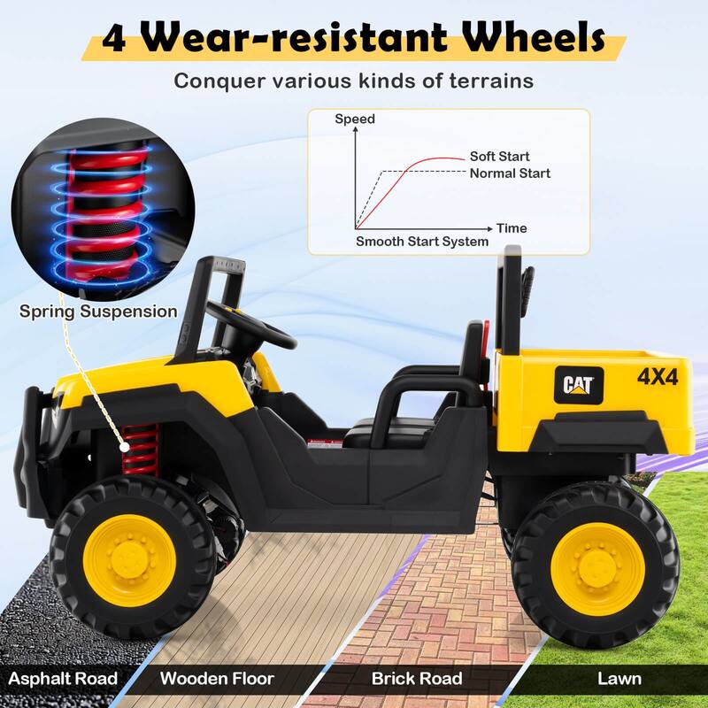Costway 24V Ride On Dump Truck with Remote Control, Dump Bed, Shovel, - Yellow + Black - See Details