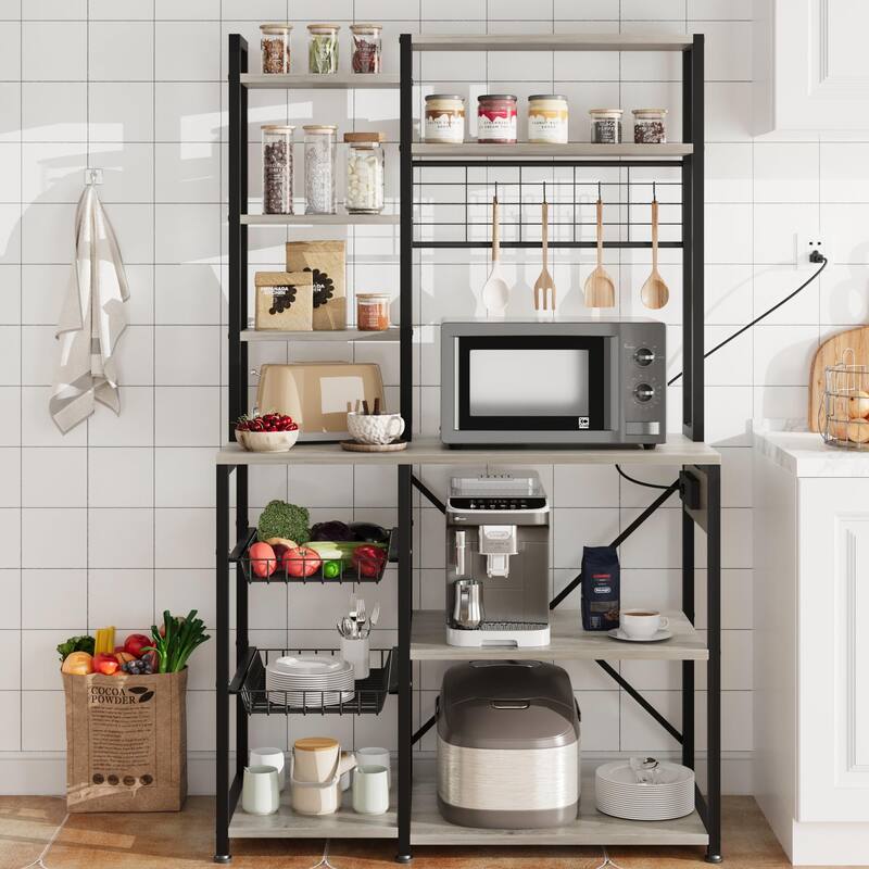 Bakers Rack with Power Outlet, Industrial Microwave Stand
