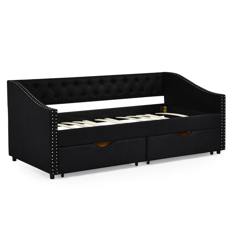 Twin Daybed with Drawers,Linen Upholstered Bed with Button on Back and Copper Nail