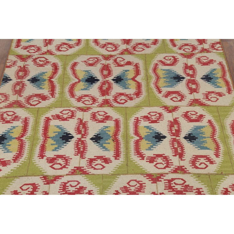 Green Kilim Oriental Area Rug Flatweave Wool Carpet - 5'8"x 8'11"