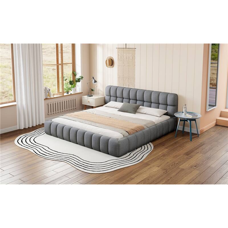 Roomfitters King Size Upholstered Platform Bed, Low Profile Fabric Bed Frame with Solid Wood Support