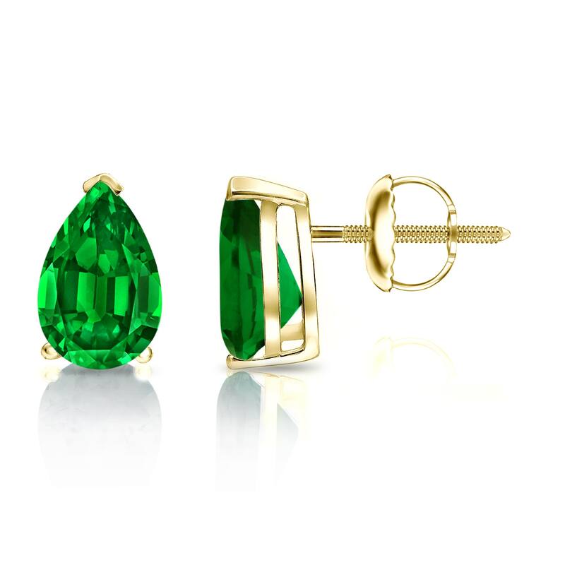 Auriya 14k Gold Lab Grown Gemstone Green Emerald Stud Earrings Pear 0.25 to 5.00 ct. tw. V-End Prong Screw-Back - 3.50ct tgw. - Yellow
