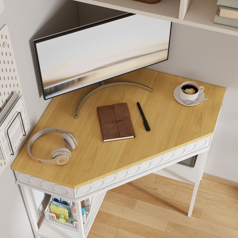 360° Rotating Corner Desk with Pull-Out Keyboard Tray – Small Space L-Shaped Computer Desk White & Oak