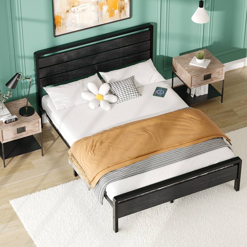 Bed Frame with LED Light and Charging Station, Metal Platform Bed with Wood Headboard