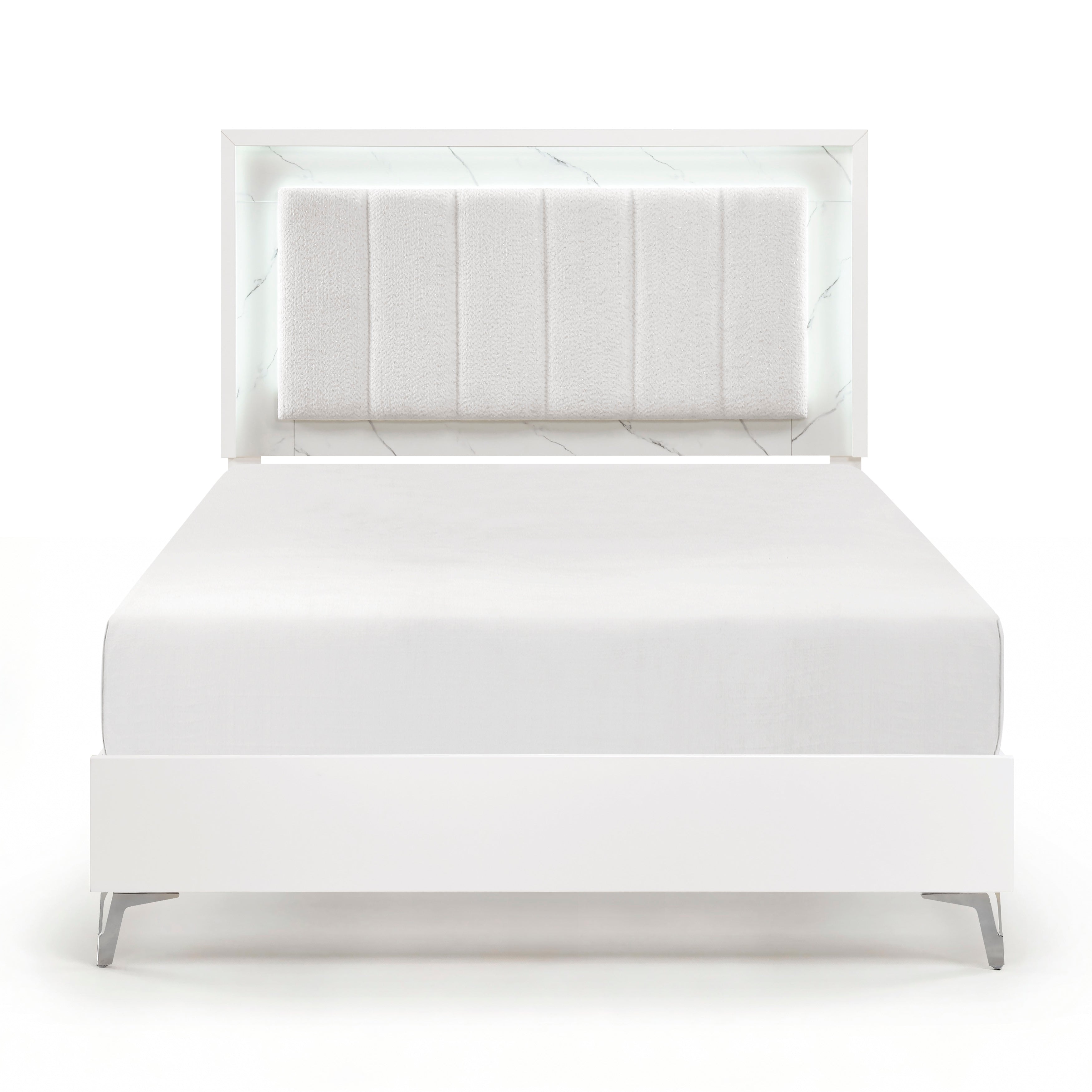 Glamorous White Finish Bedroom Set LED Bed Faux Marble Panels