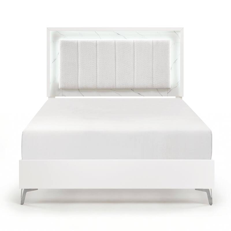 High Gloss White Finish LED Panel Bed 1pc - Queen