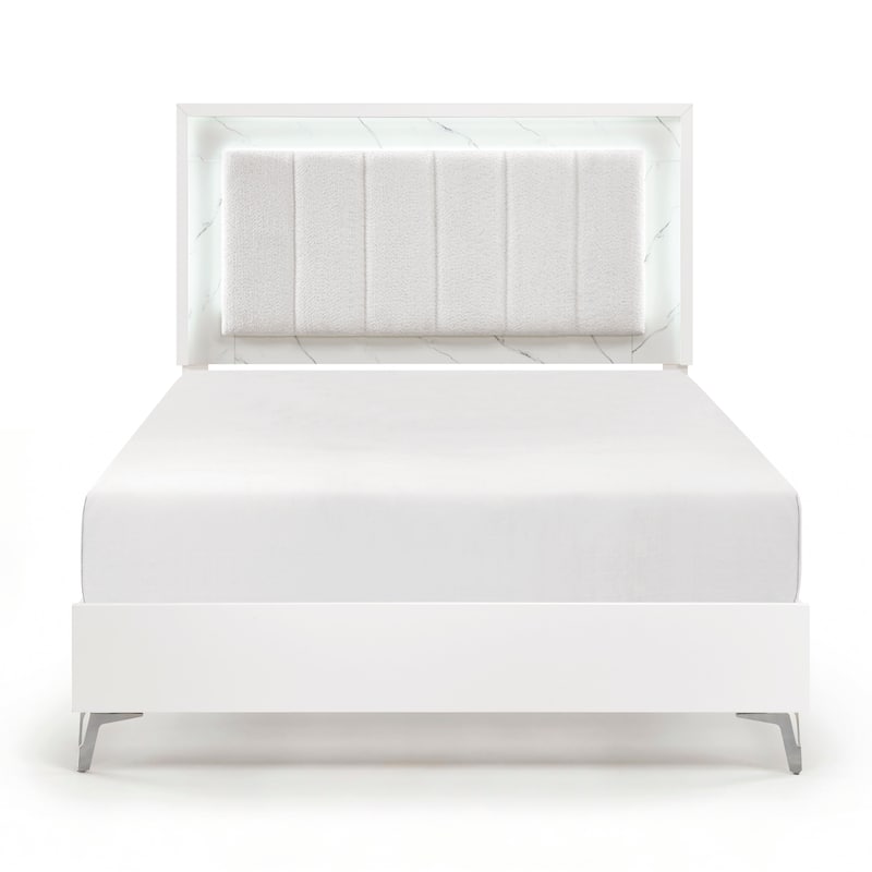 Modern Glam Bedroom Furniture Set High Gloss White Finish - Queen - 5 Piece