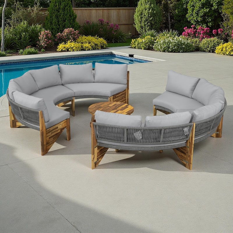 12-Seater Outdoor Acacia Wood Round Sectional Sofa Set with Coffee Table - Grey