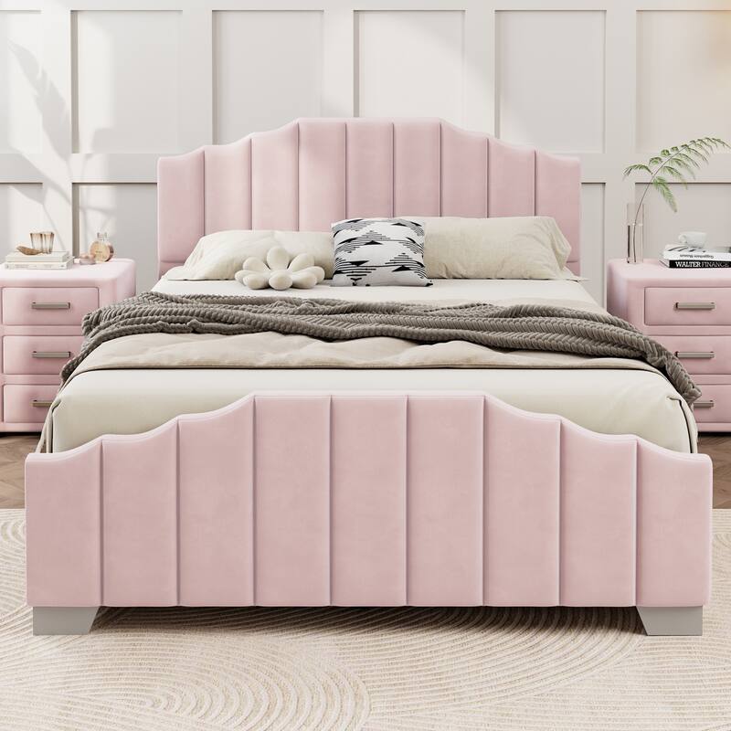 Full/Queen Velvet Upholstered Platform Bed Frame with Vertical Channel Tufted Headboard and Footboard, No Box Spring Needed