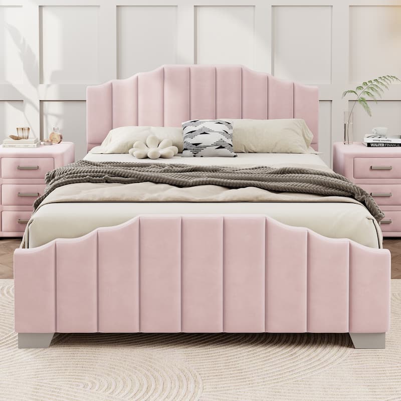 Queen Size Velvet Platform Bed with Vertical Channel Tufted Headboard and Footboard, Sturdy Wood Frame - Full Pink - Full