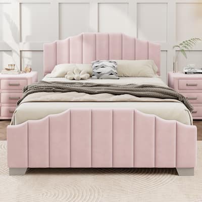 Queen Size Velvet Upholstered Bed with Channel Tufted Headboard & Solid Wood Frame (No Box Spring Needed)