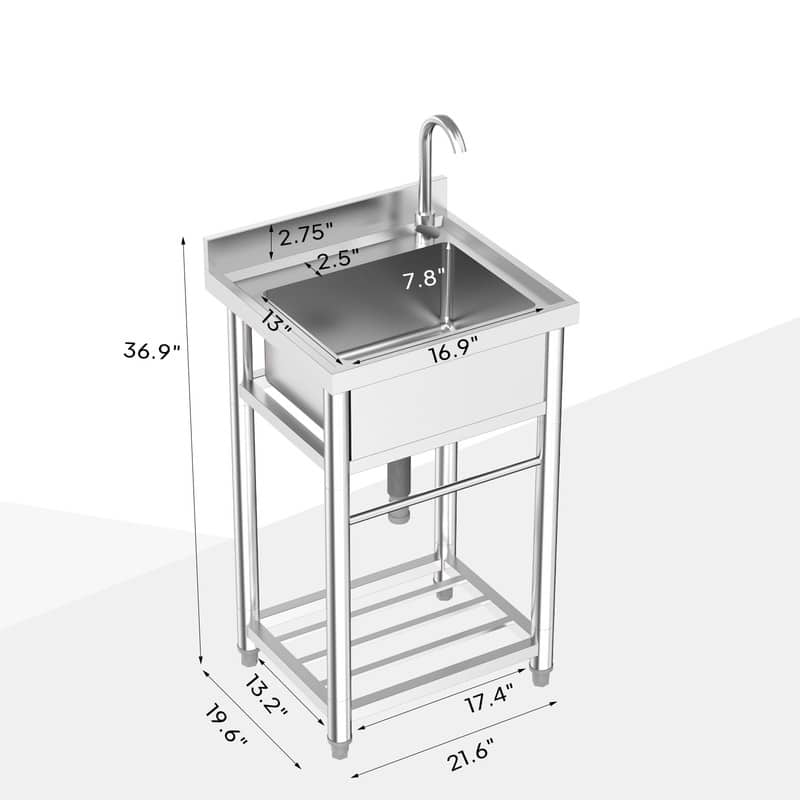 21.6 In.Freestanding Stainless Steel Single Basin Utility Sink With Storage Shelves