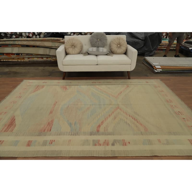 Hand Woven Oriental 100% Wool Carpet Southwestern Tribal Beige & Ivories Kilim Area Rug - 9' 8'' X 6' 8''