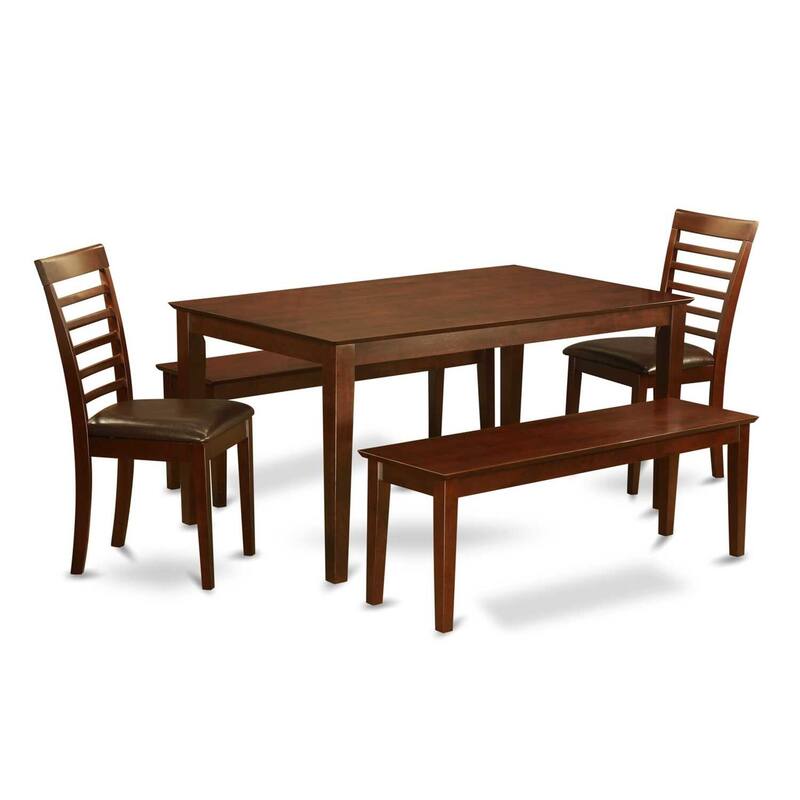 HomeStock 5-Piece Rectangle Mahogany Finish Solid Wood Top Dining Table with 2 Benches, 2 Chairs